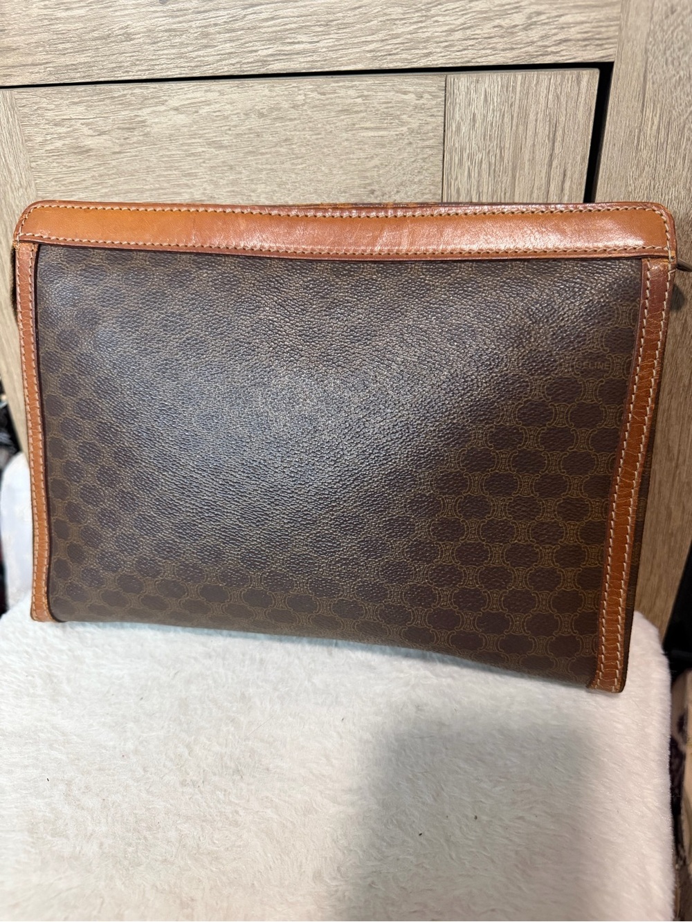 Celine Macadam Canvas Clutch Brown Leather Trim Vintage Designer - Picture 2 of 12